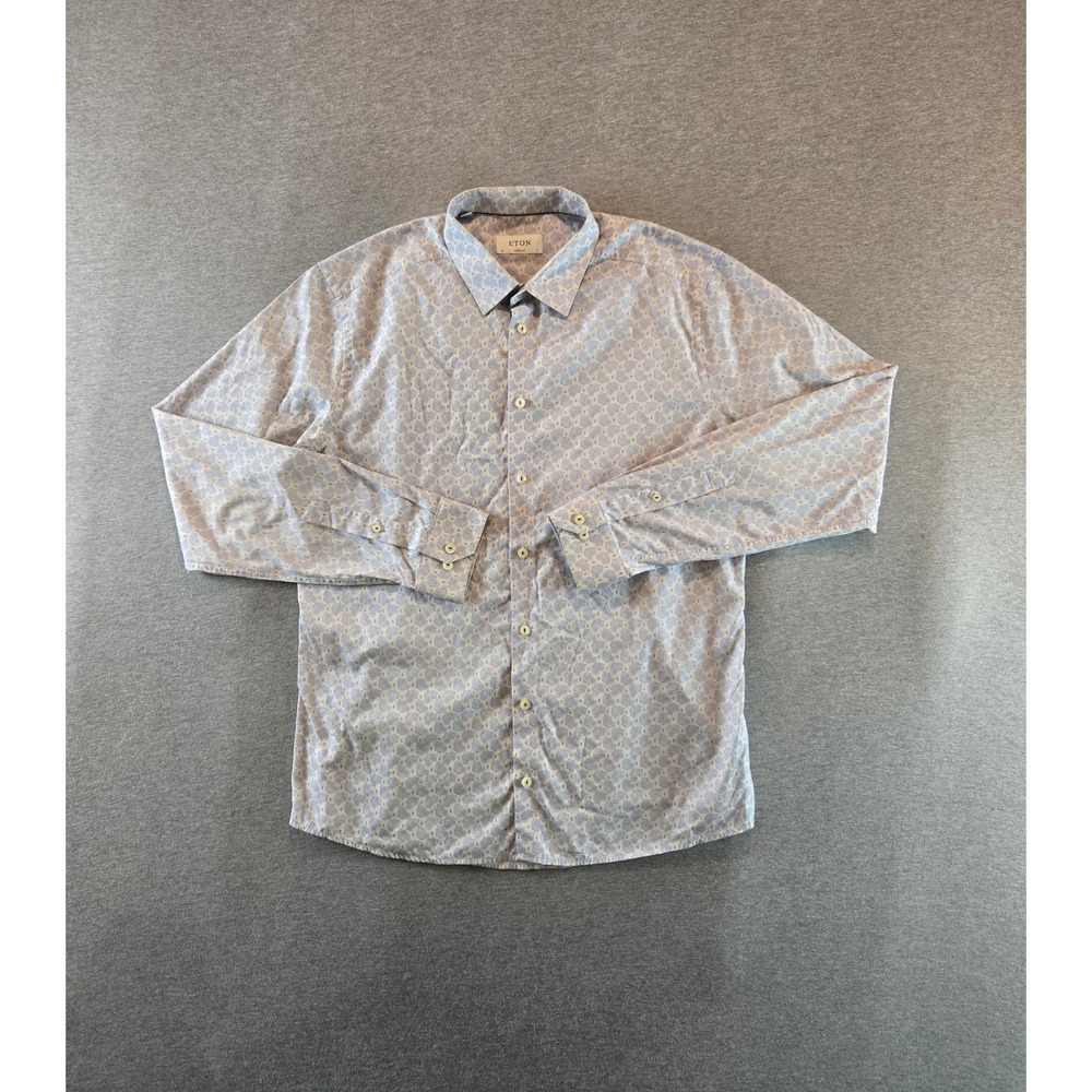 Eton Dress Shirt Mens 43 17 Light Blue Geometric Poplin Super Slim Long Sleeve